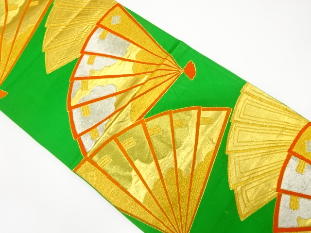 JAPANESE KIMONO / ANTIQUE FUKURO OBI / SILK / WOVEN FAN WITH CLOUD